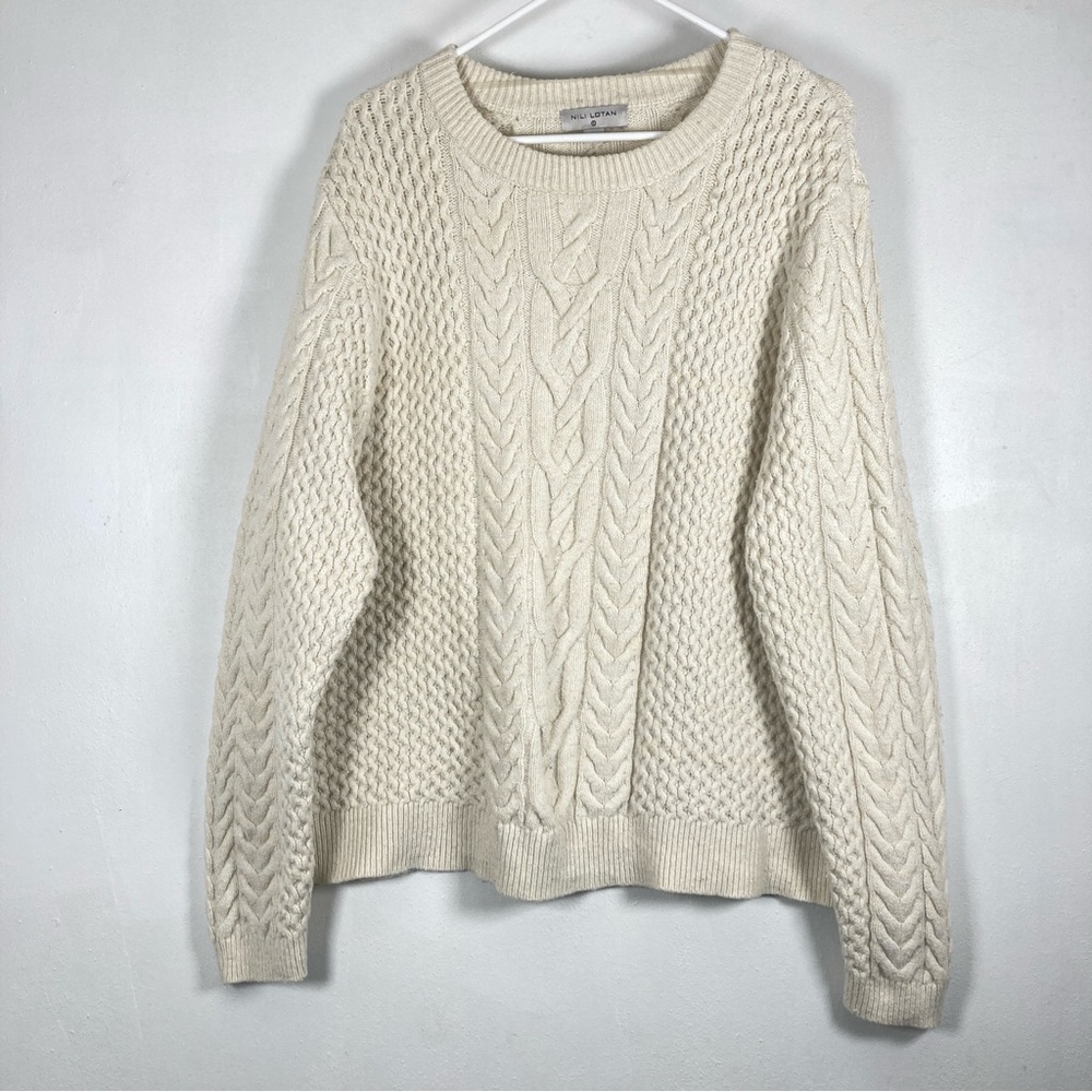 Nili Lotan Cream Cable Knit Crewneck Sweater
